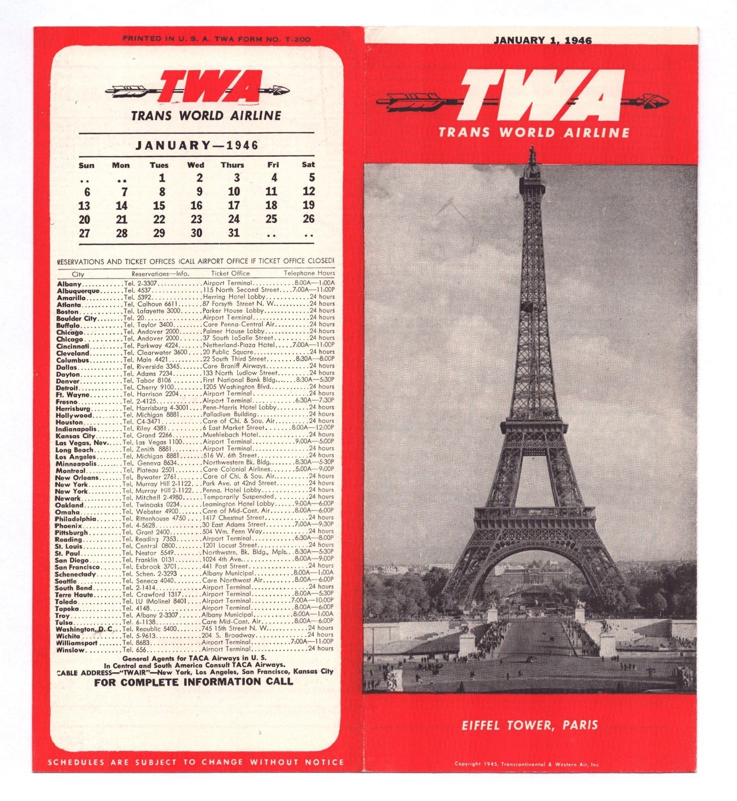 TWA Trans World Airlines 1946 Paris Eiffel Tower system timetable brochure cover red white design