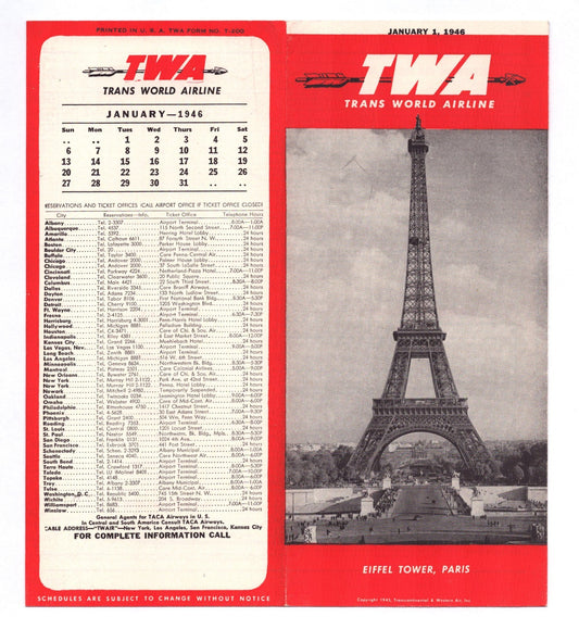 TWA Trans World Airlines 1946 Paris Eiffel Tower system timetable brochure cover red white design