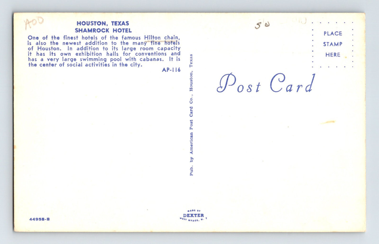 Houston Texas Shamrock Hotel 1960s Postcard Unposted Chrome