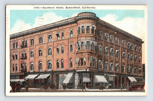 Bakersfield California Southern Hotel corner building street scene 1924 posted postcard