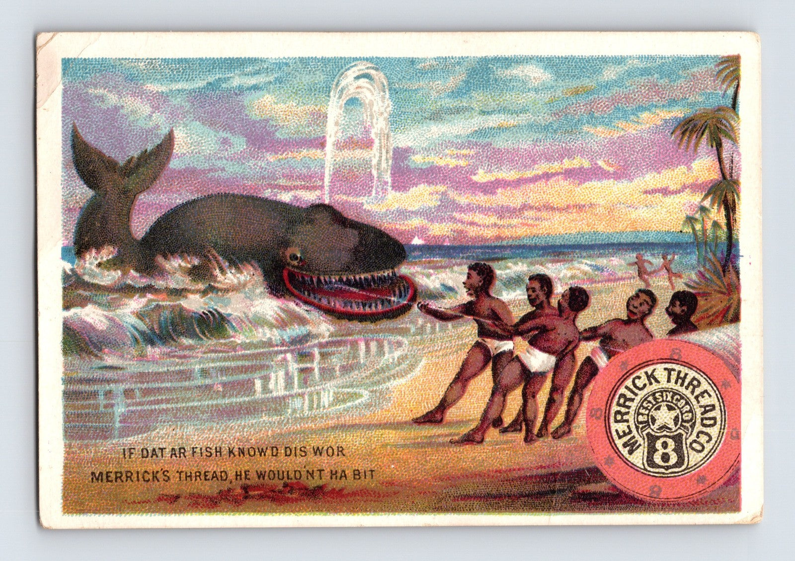 Merrick Thread trade card depicting children pulling a whale ashore on a beach, colorful 1890s advertising scene with slogan and Merrick spool logo