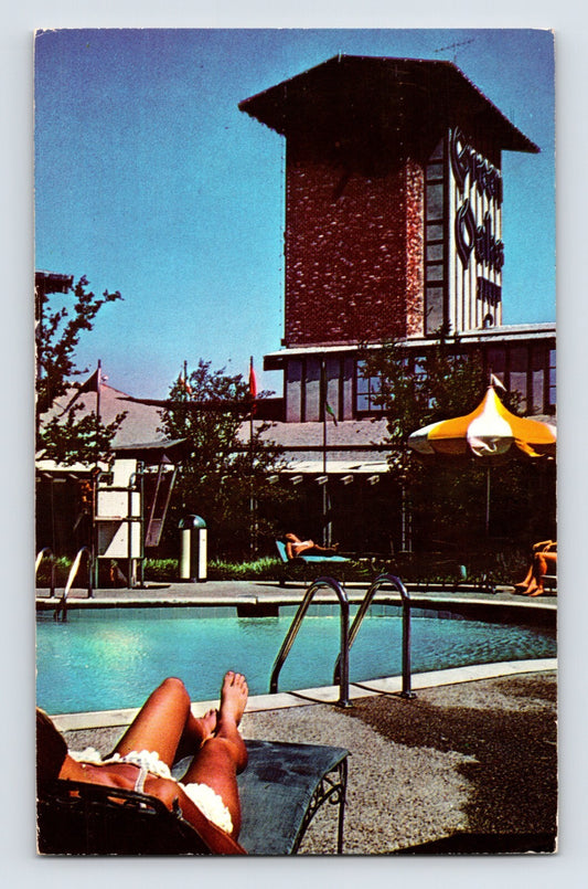 Fort Worth Texas Green Oaks Motor Inn motel pool tower building 1974 chrome postcard