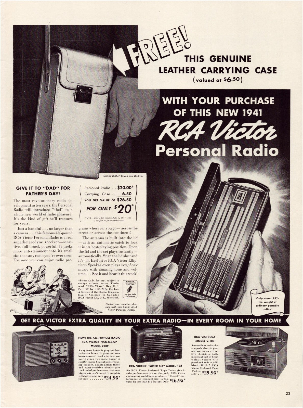 RCA Victor 1941 portable personal radio leather case vintage electronics print ad