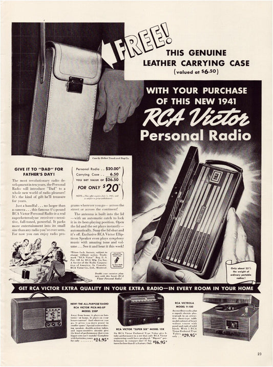 RCA Victor 1941 portable personal radio leather case vintage electronics print ad