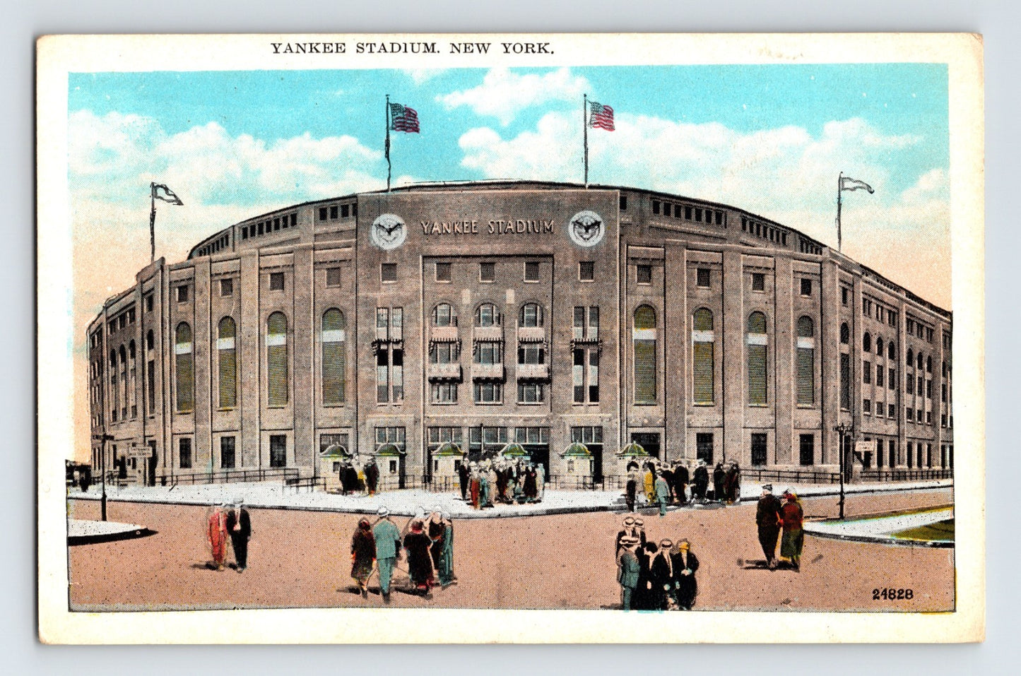 New York City Yankee Stadium exterior facade with flags flying 1930s postcard