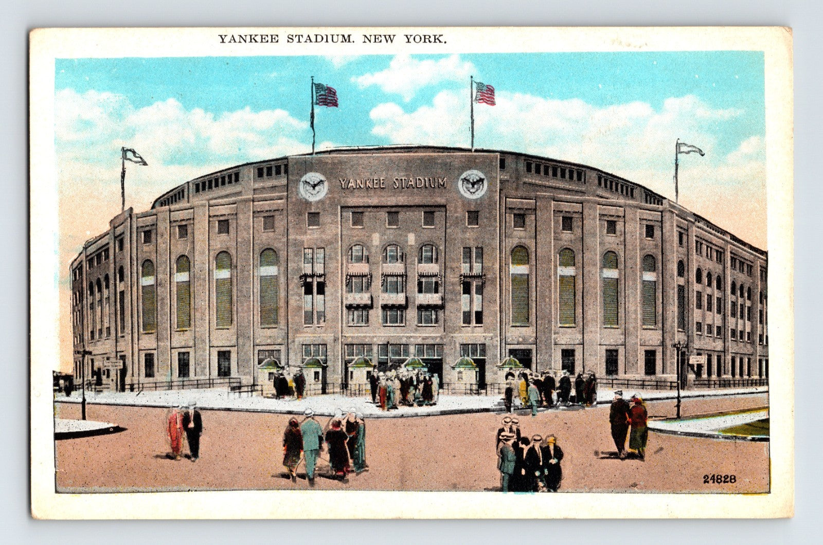 New York City Yankee Stadium exterior facade with flags flying 1930s postcard