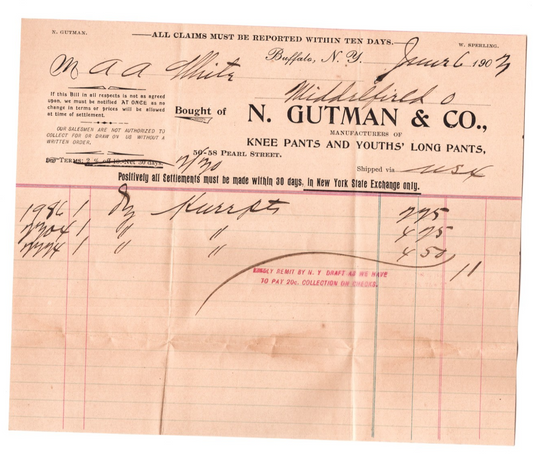 Cleveland Ohio N Gutman Company 1903 billhead knee pants invoice with envelope cover vintage business document