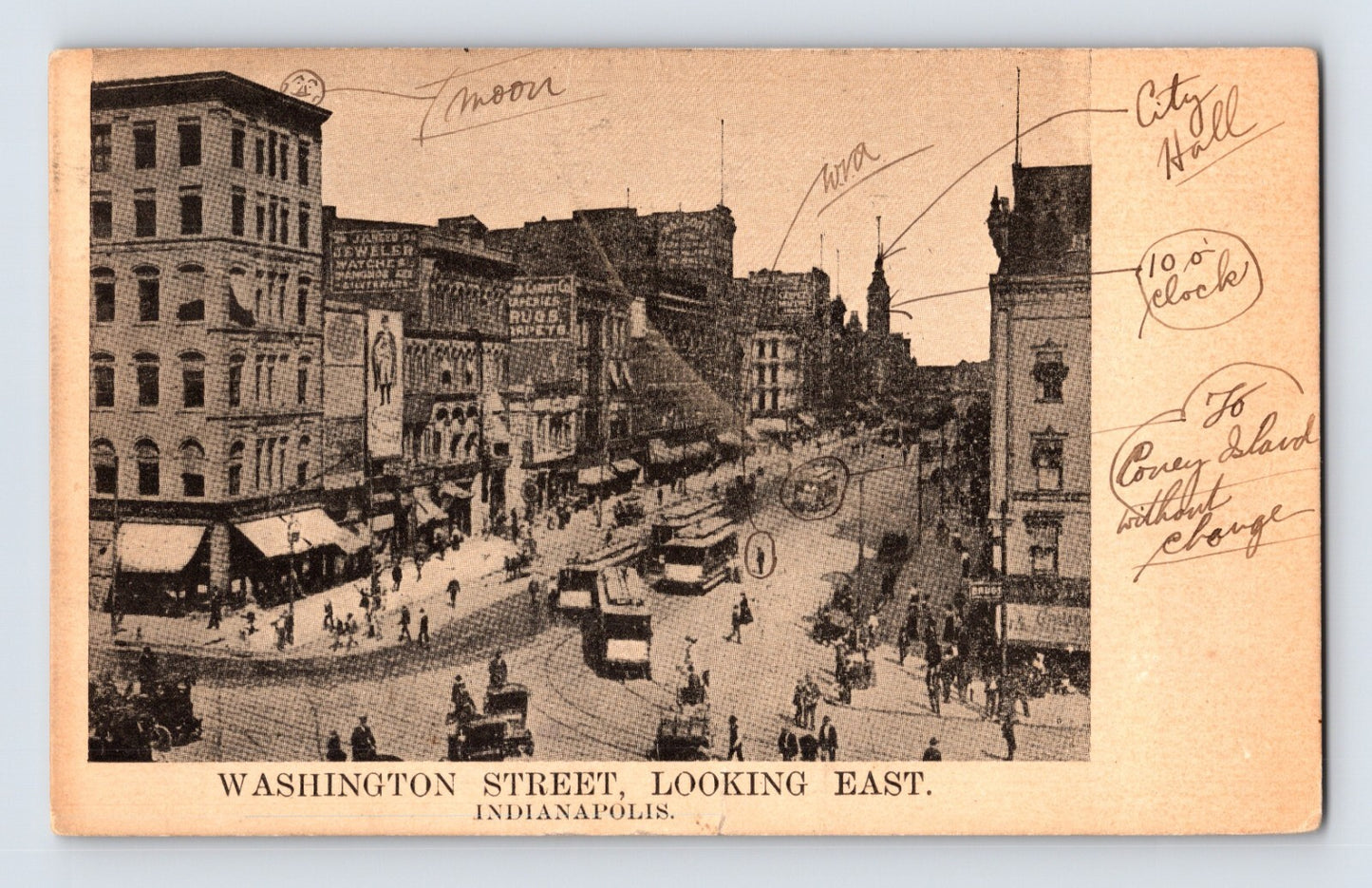 Indianapolis Indiana Washington Street downtown streetcars buildings 1904 postcard