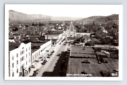 Ashland Oregon downtown aerial view 1940s RPPC with Coca Cola sign and JC Penney storefront