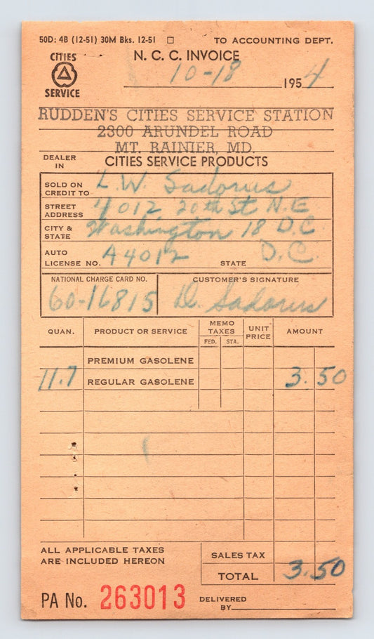 Baltimore Maryland Cities Service gas station invoice 1954 Rudden service station receipt vintage document