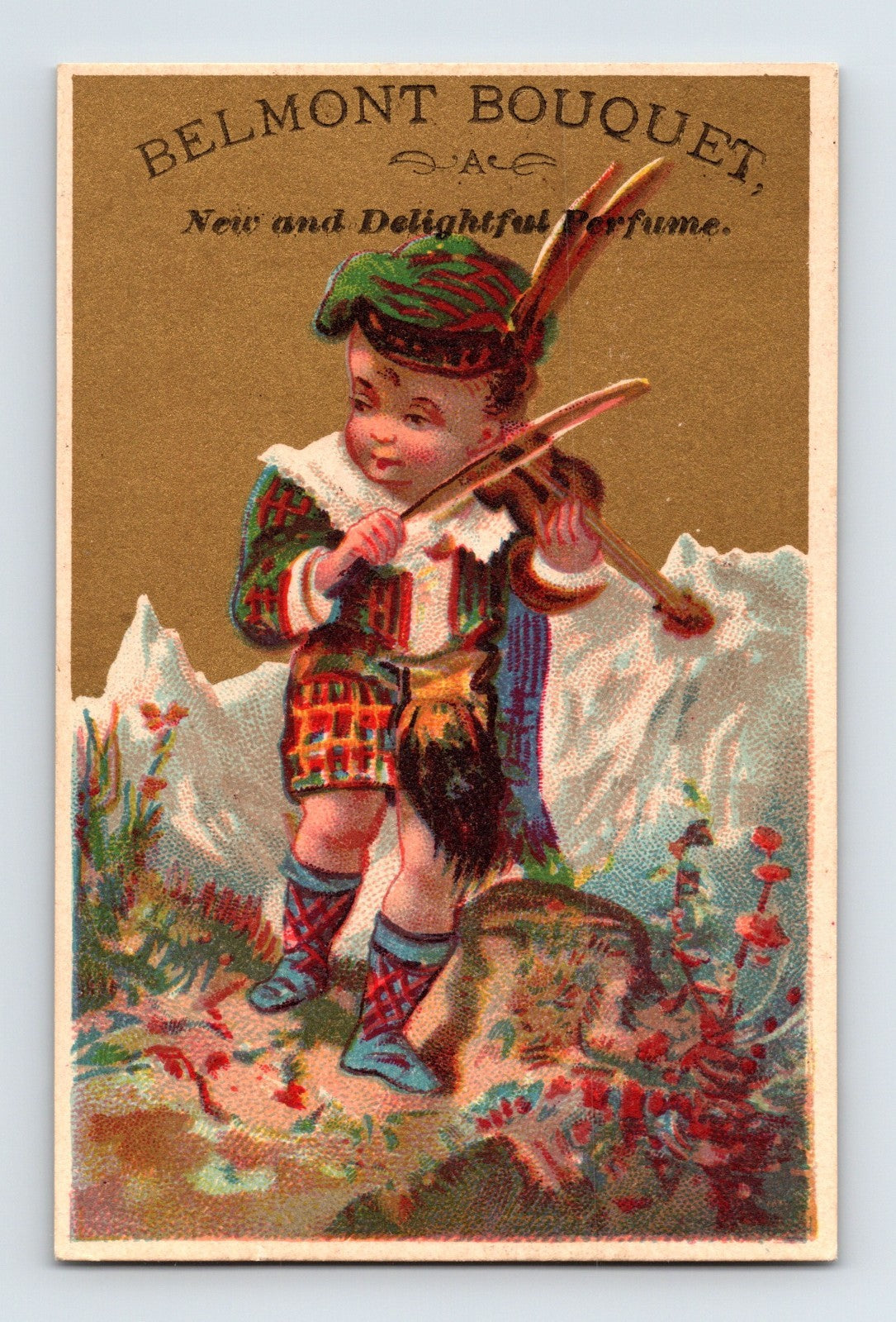Belmont Bouquet Fiddler Scottish Boy 1890s Victorian Trade Card - 4 x 2.5