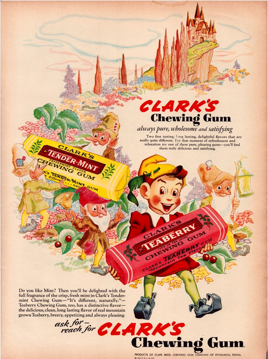 Clarks chewing gum 1943 elves fantasy illustration tender mint teaberry print ad