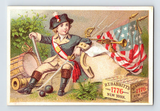 Babbitts Baby Soap Patriotic Boy Soldier Flag 1890s Trade Card 3 x 4.5