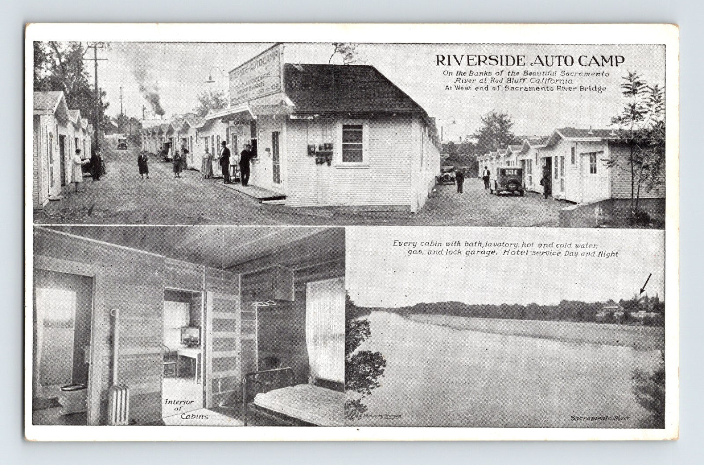 Black and white multi view postcard of Riverside Auto Camp in Red Bluff California showing cabins, office building, interior room, and Sacramento River