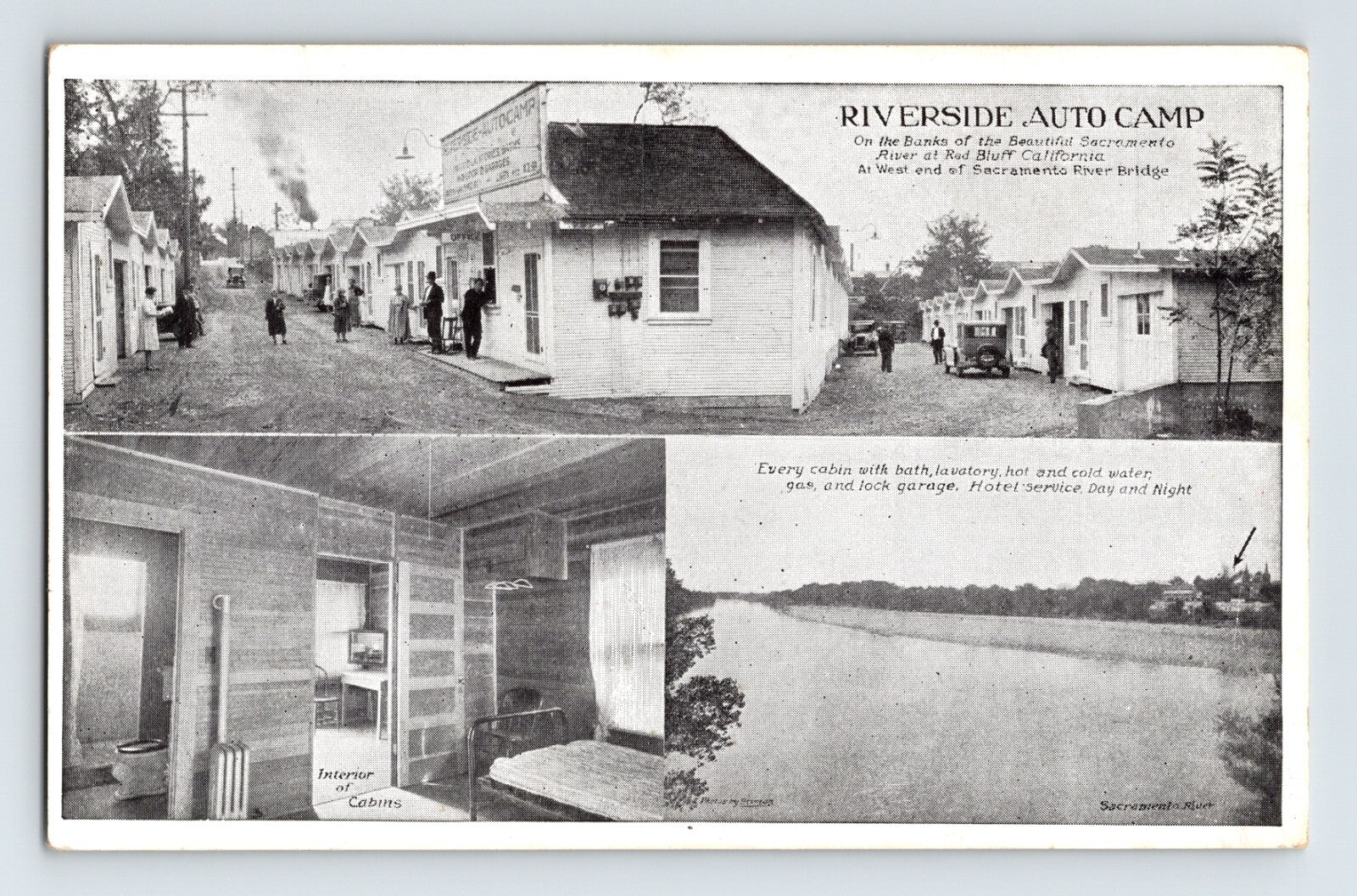 Black and white multi view postcard of Riverside Auto Camp in Red Bluff California showing cabins, office building, interior room, and Sacramento River