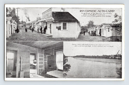 Black and white multi view postcard of Riverside Auto Camp in Red Bluff California showing cabins, office building, interior room, and Sacramento River
