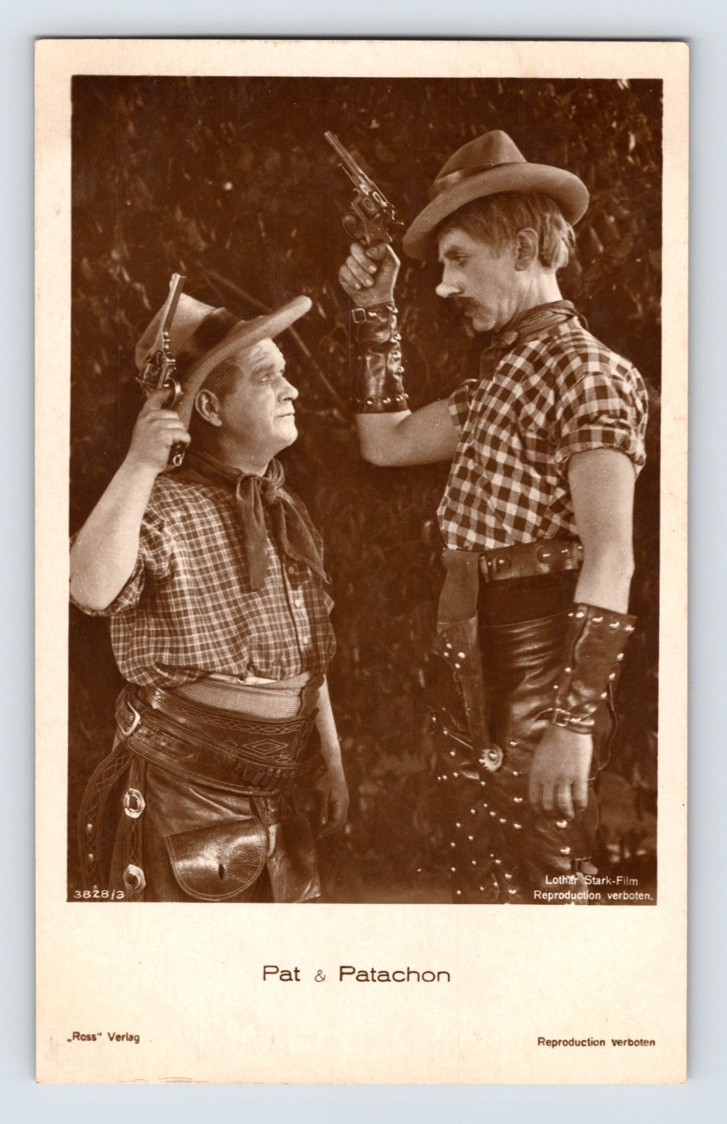 Pat and Patachon silent film comedy duo western costumes revolvers Ross Verlag 1930s RPPC