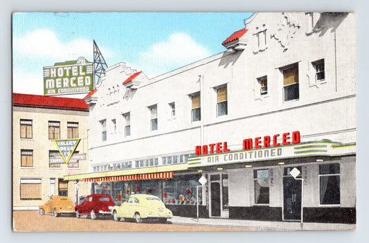 Merced California Hotel Merced Valley Drug downtown cars storefront 1948 linen postcard