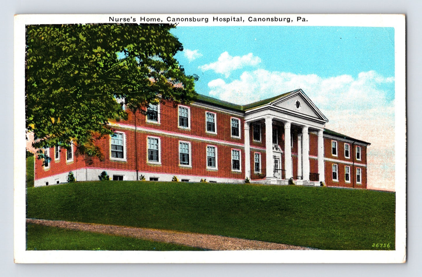 Canonsburg Pennsylvania nurse home hospital building columns lawn 1930s white border postcard