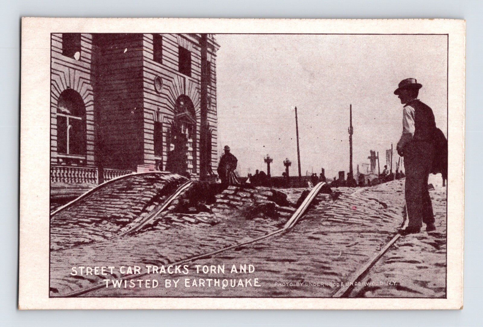 San Francisco earthquake streetcar tracks twisted damage scene pre 1907 postcard