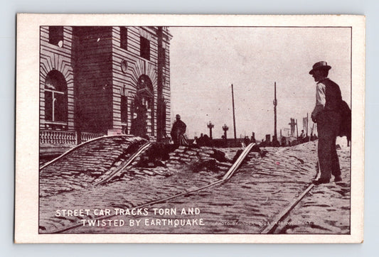 San Francisco earthquake streetcar tracks twisted damage scene pre 1907 postcard