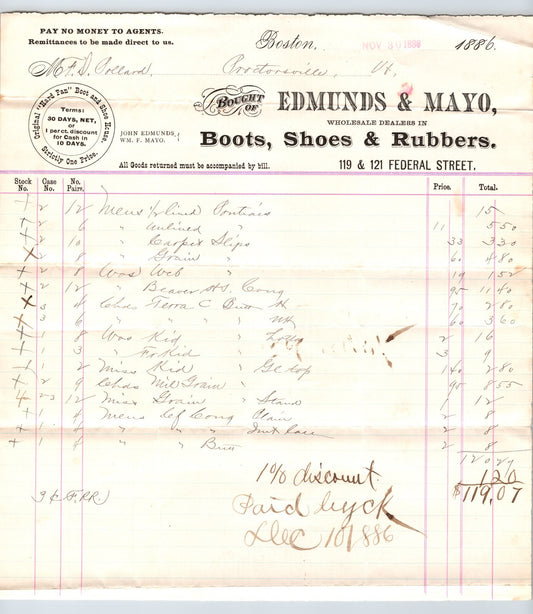 Boston Massachusetts Edmunds Mayo boots shoes rubbers billhead 1886