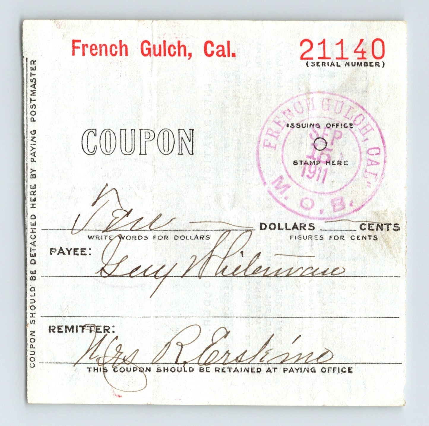 French Gulch California 1911 postal money order advice coupon stamped receipt document