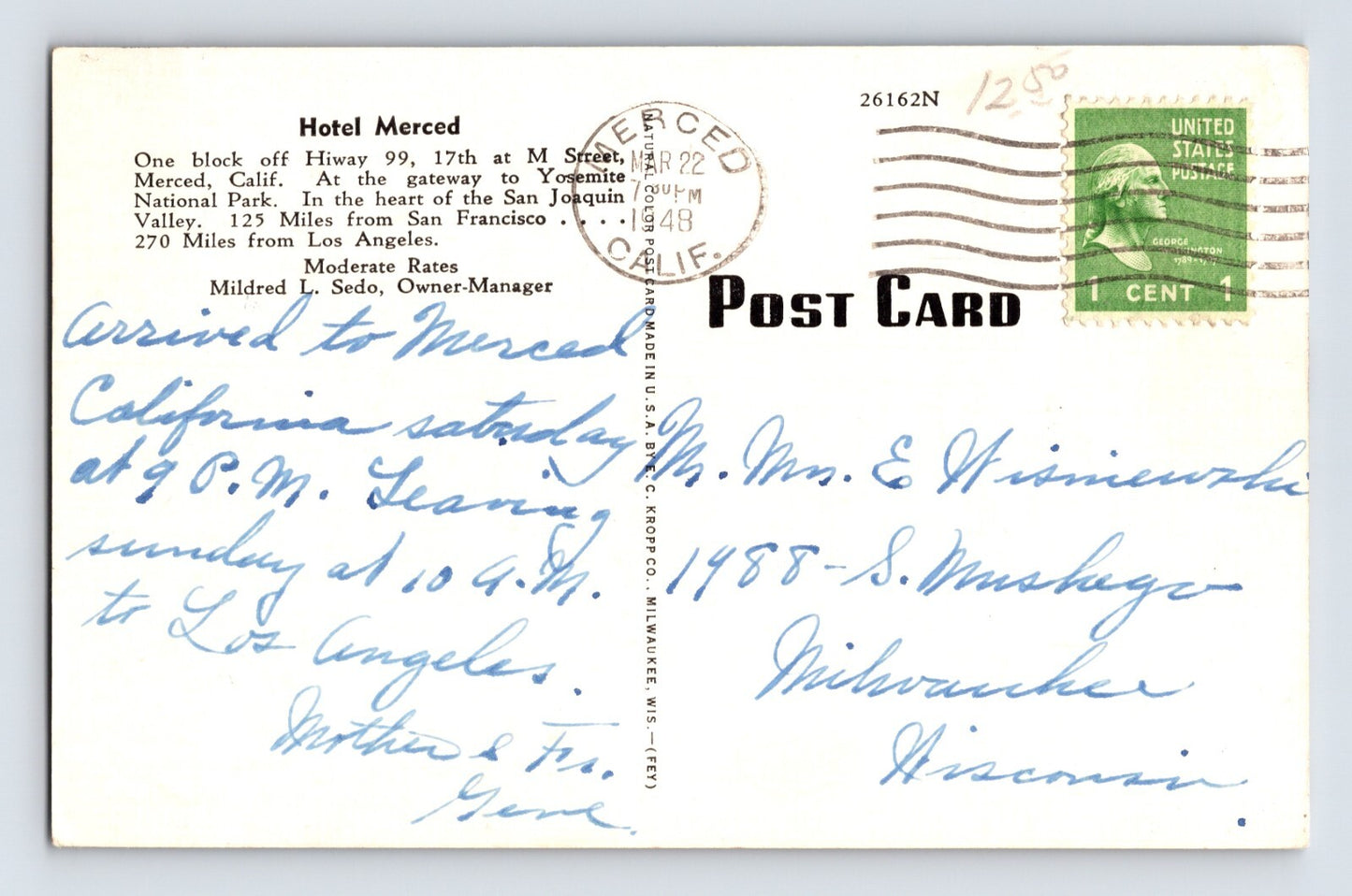 Merced California Hotel Valley Drug Downtown 1948 Postcard Posted Linen