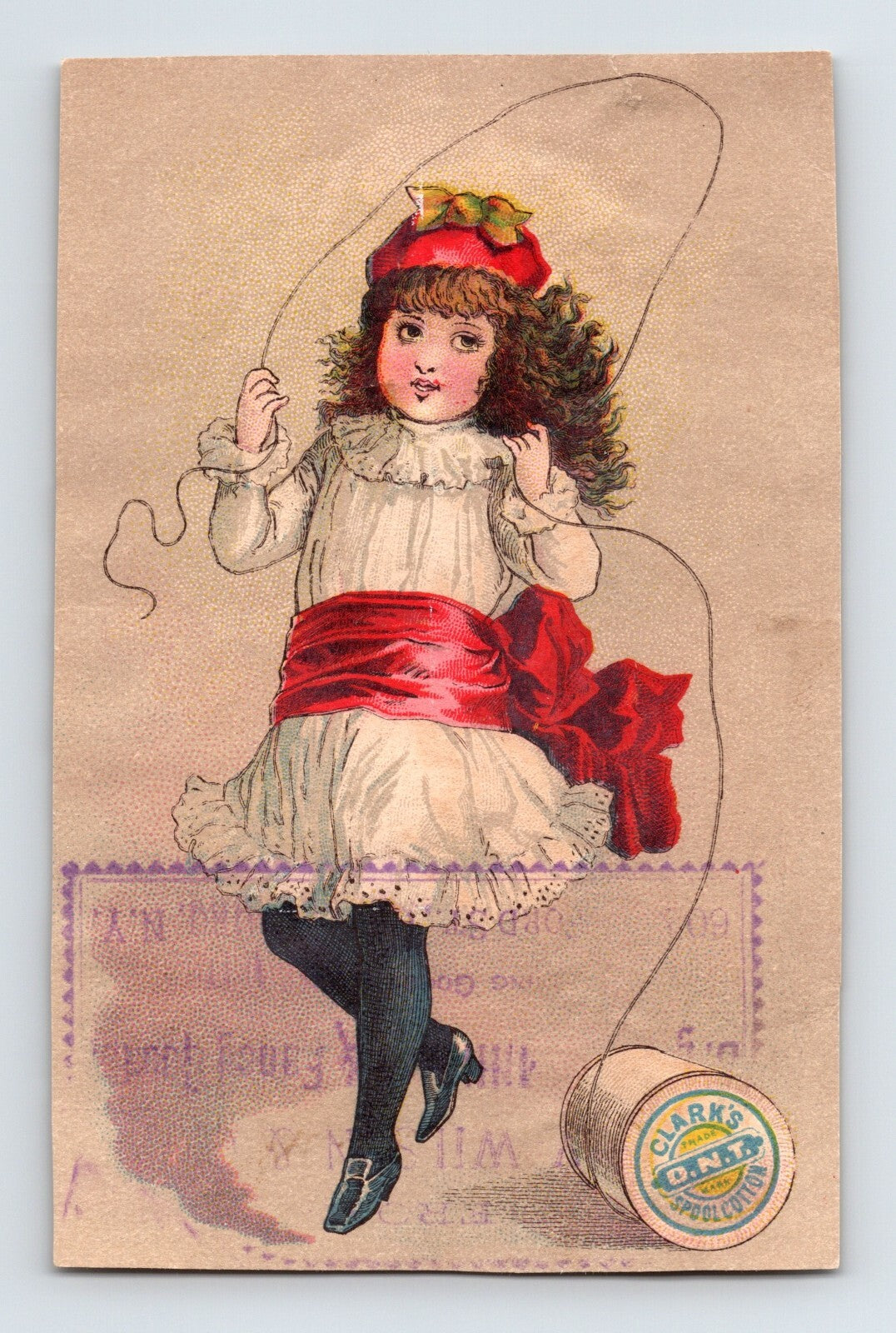 1890s Clarks ONT spool cotton Victorian trade card showing girl jumping rope with red sash and thread spool illustration