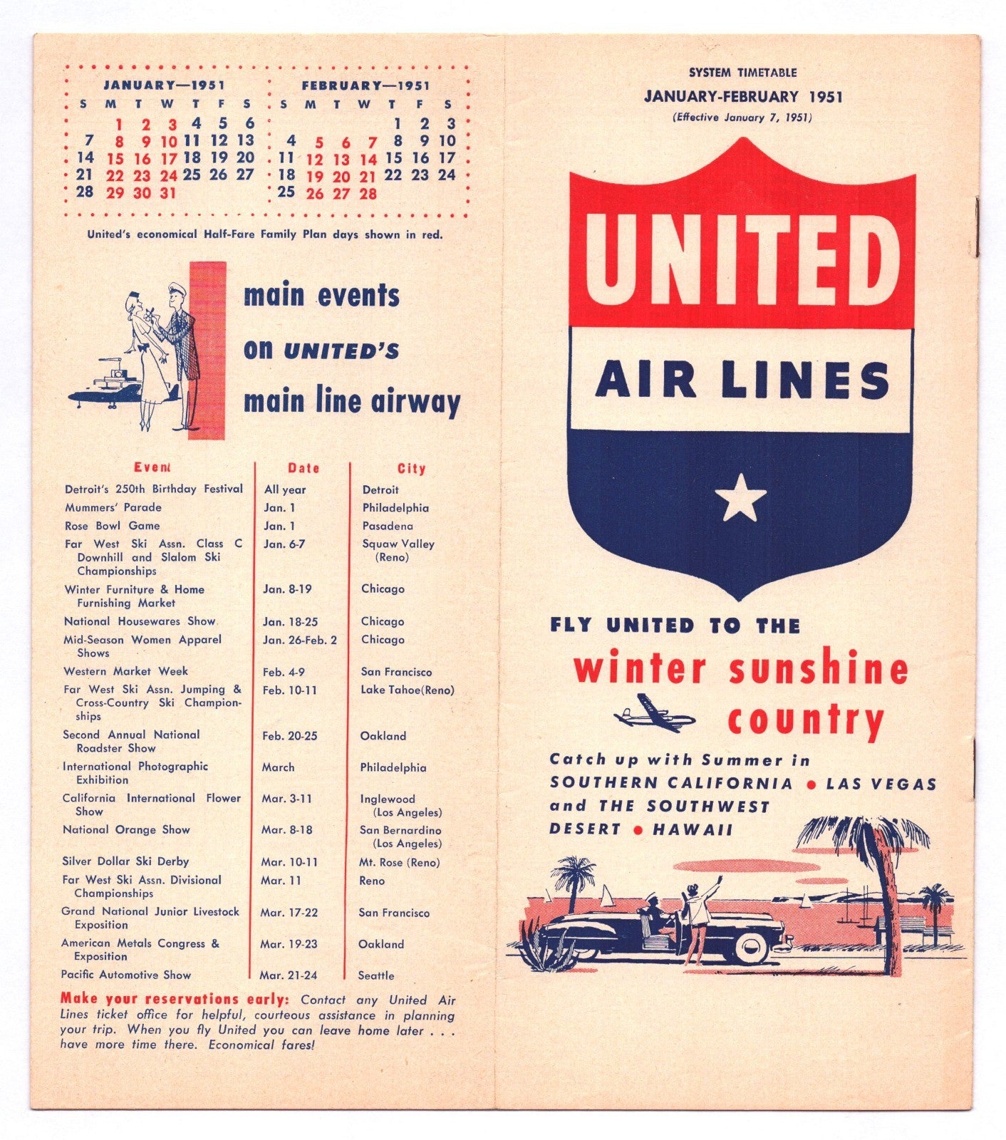 United Air Lines 1951 winter sunshine system timetable brochure cover