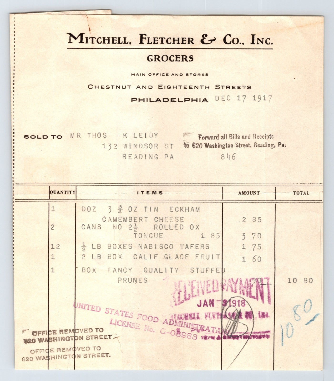 Philadelphia Mitchell Fletcher Company grocers invoice billhead 1917 food items stamped receipt