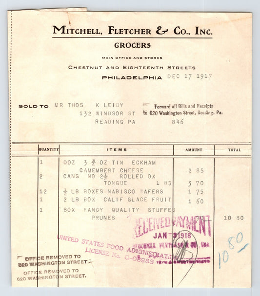 Philadelphia Mitchell Fletcher Company grocers invoice billhead 1917 food items stamped receipt