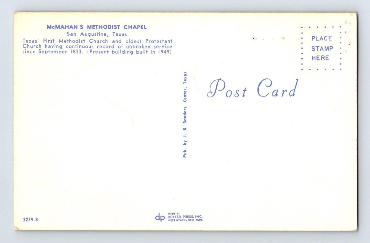 San Augustine Texas McMahan Methodist Chapel Church 1960s Postcard Unposted