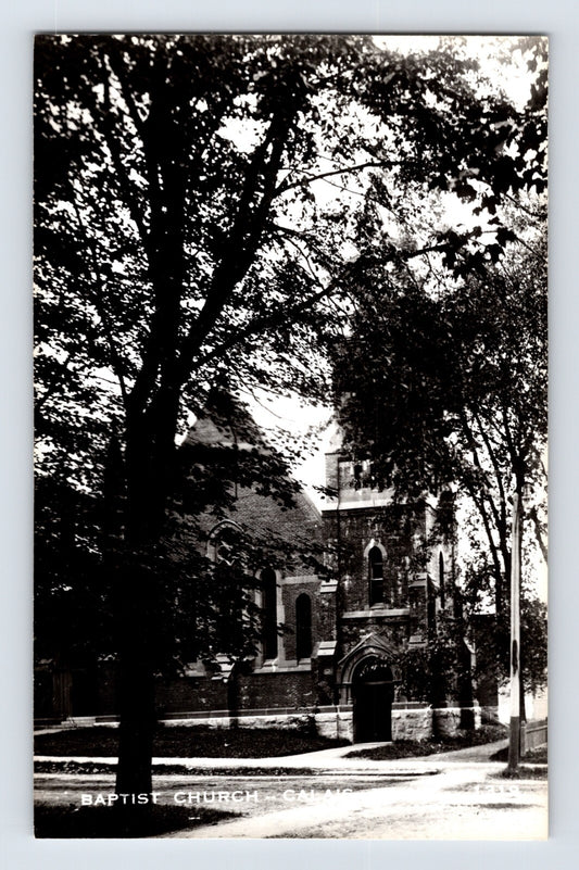 Calais Maine Baptist Church gothic brick building trees 1950s RPPC postcard