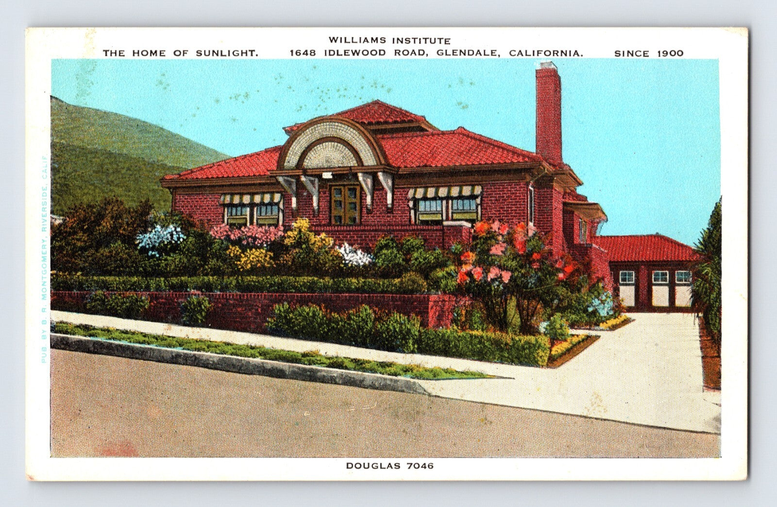 Williams Institute building at 1648 Idlewood Road with red tile roof and landscaped garden in Glendale, California, 1930s postcard.