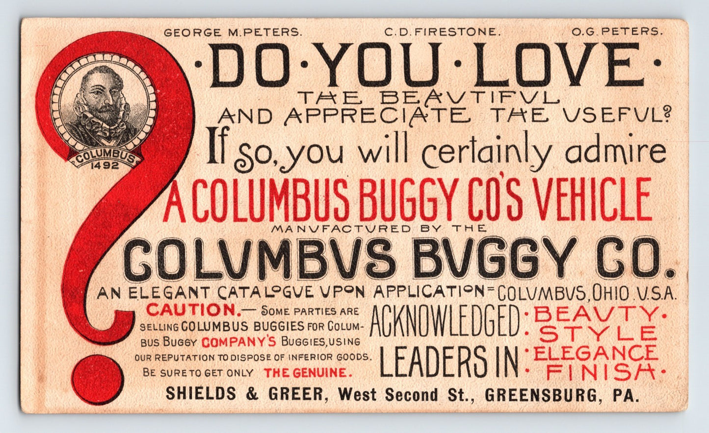 Columbus Buggy Company 1492 Reception 1890s Victorian Trade Card 4 x 5.5