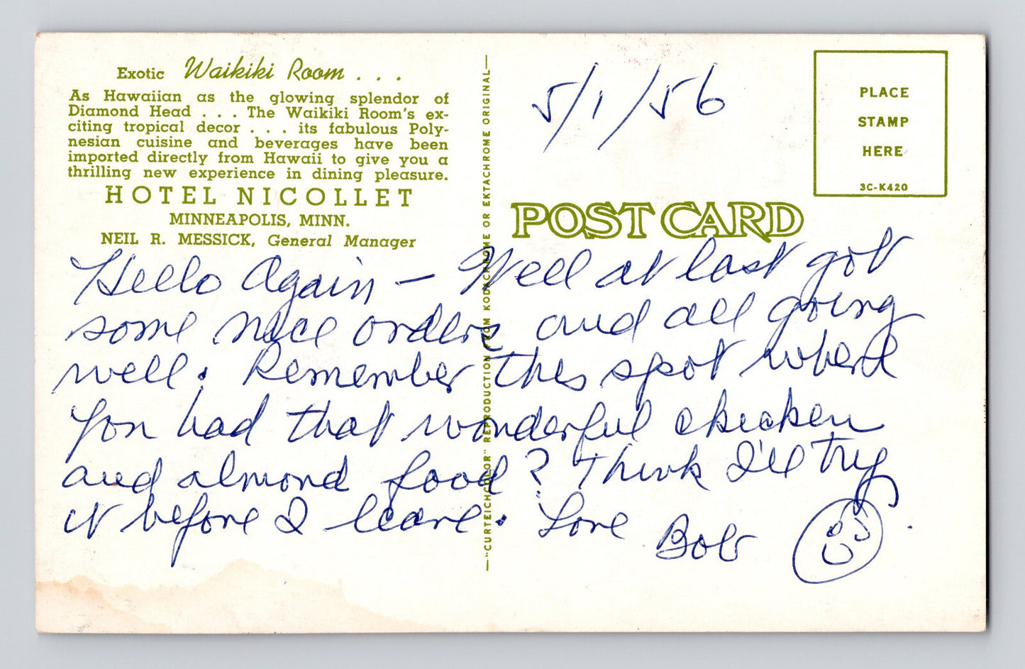 Minneapolis Minnesota Hotel Nicollet Waikiki Tiki Lounge 1950s Postcard