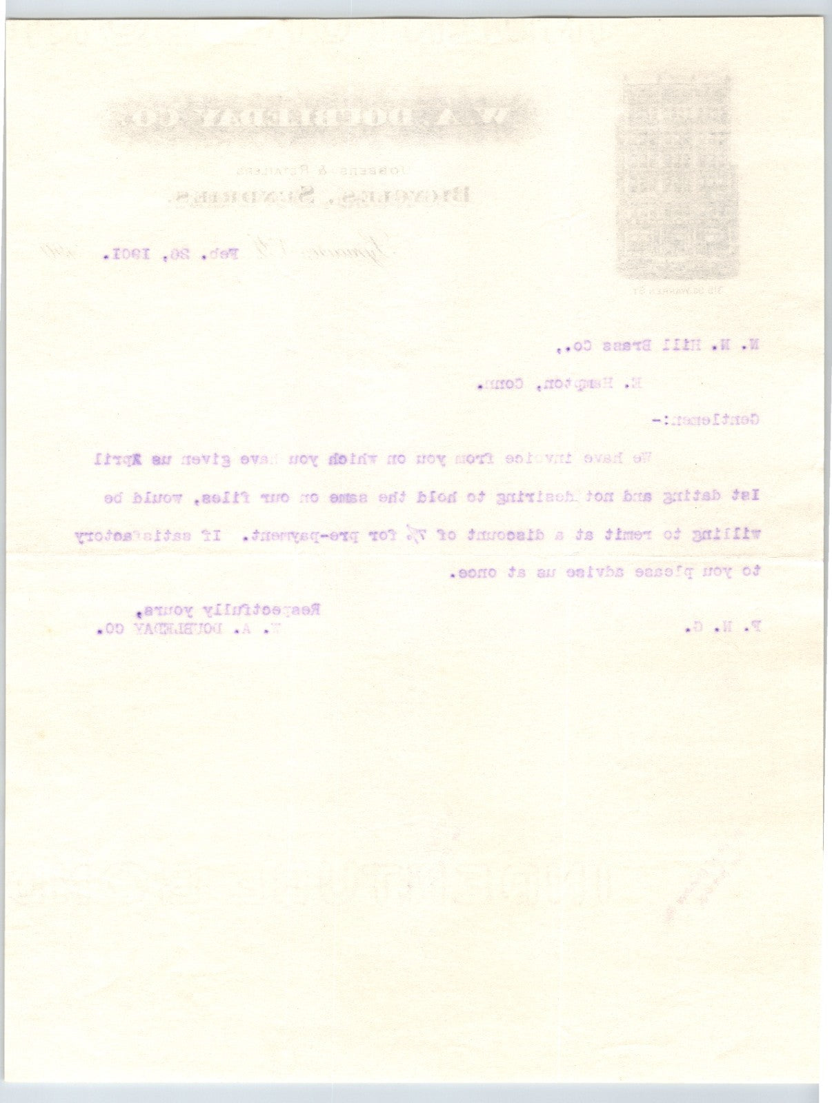 W A Doubleday Syracuse New York 1901 Bicycle Letterhead 8.5 x 11