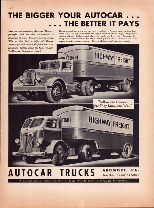 Autocar Trucks 1937 cab over engine highway freight vintage print ad
