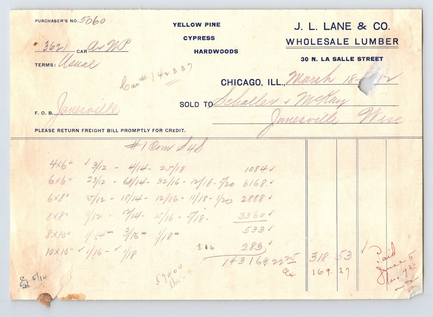 Chicago Illinois J L Lane Wholesale Lumber 1912 billhead invoice handwritten lumber order document