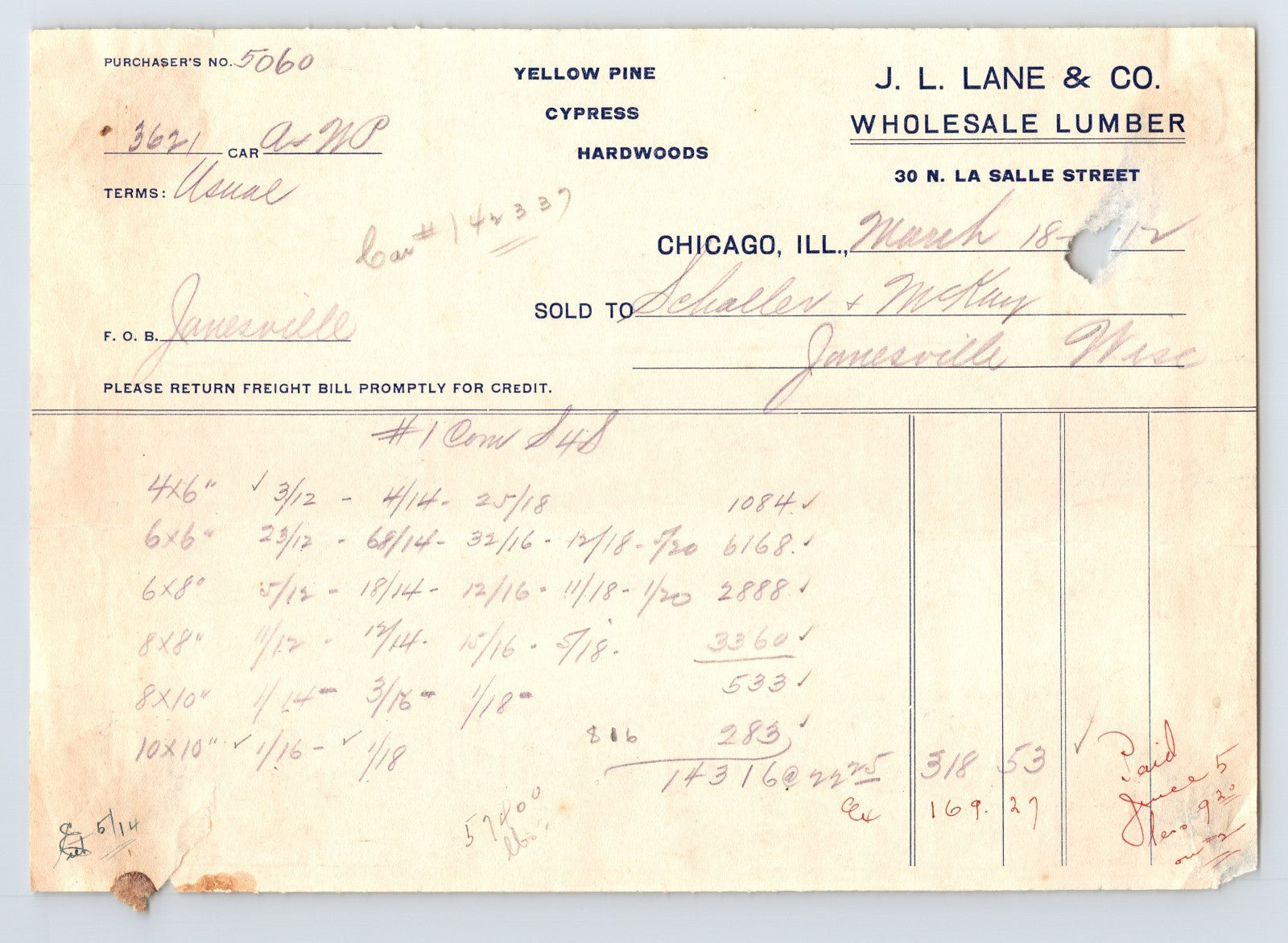 Chicago Illinois J L Lane Wholesale Lumber 1912 billhead invoice handwritten lumber order document
