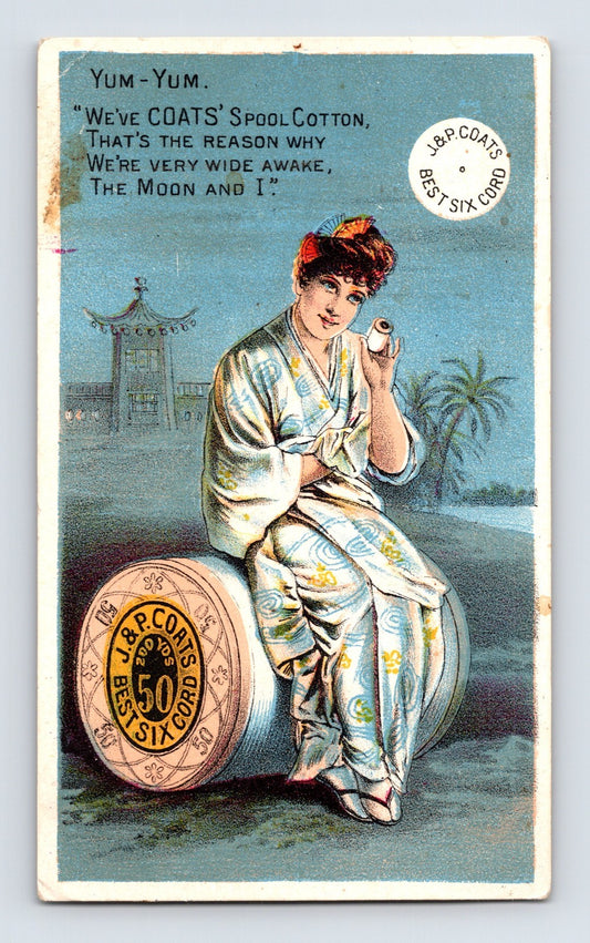 J and P Coats spool cotton woman kimono parasol moon poem 1890s trade card