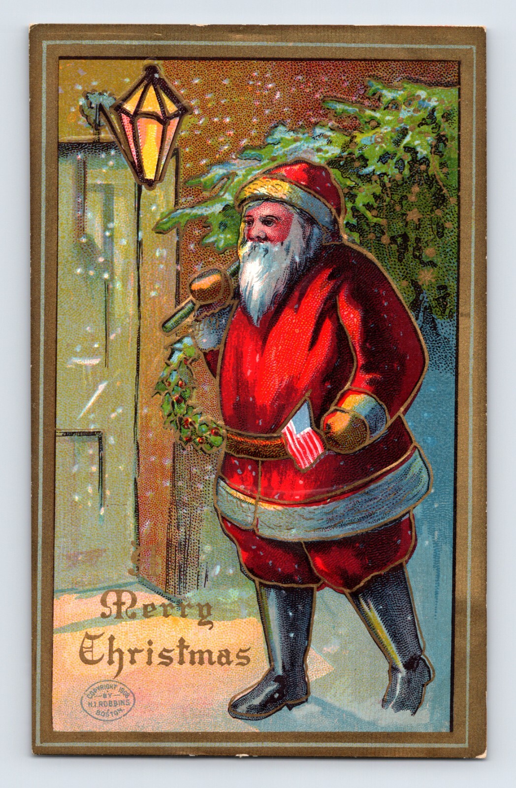 Santa Claus Christmas postcard holding American flag lantern snowy doorway 1910s vintage illustration