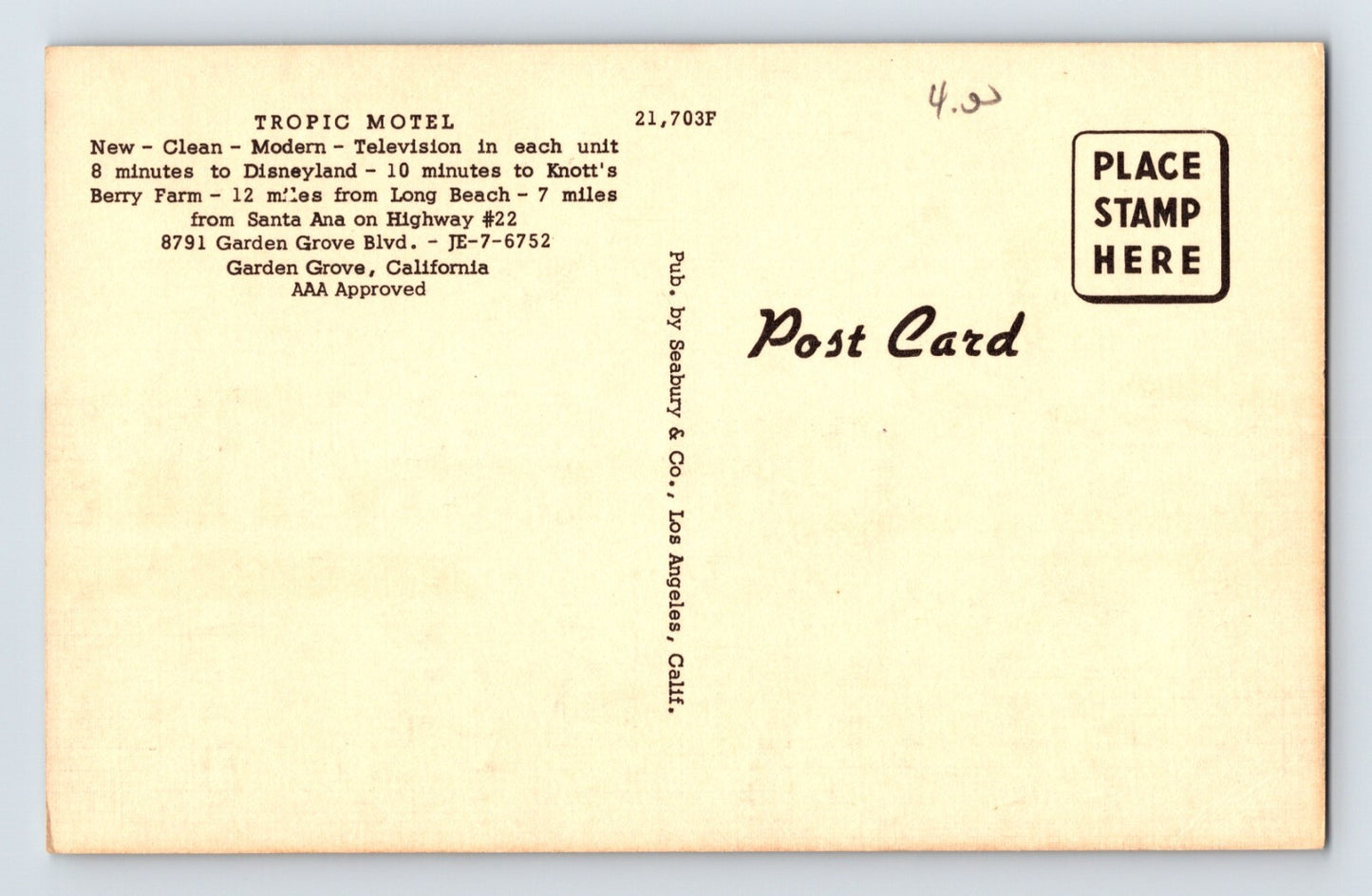 Garden Grove California Tropic Motel 1940s Postcard Unposted Linen