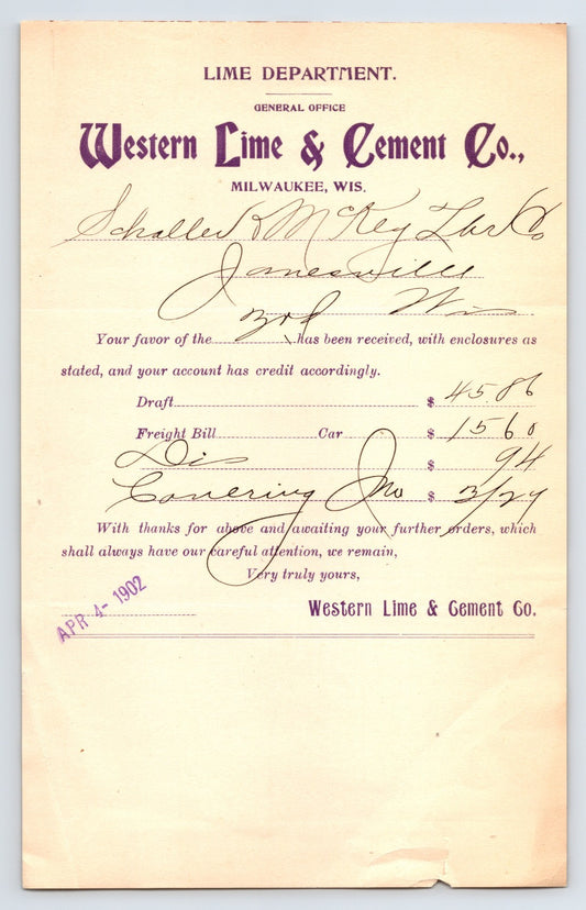Milwaukee Wisconsin Western Lime Cement Company credit letter 1902 document