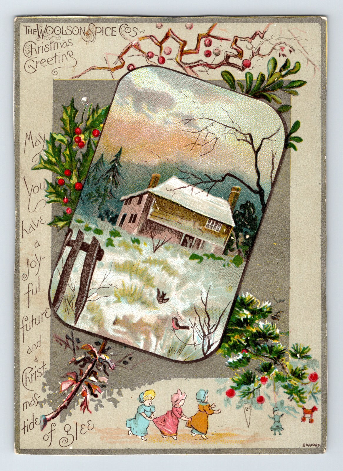 Woolson Spice Company Christmas Victorian Winter Scene Trade Card
