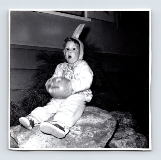 Halloween toddler bunny costume holding pumpkin sitting on rock backyard night snapshot 1960s photo