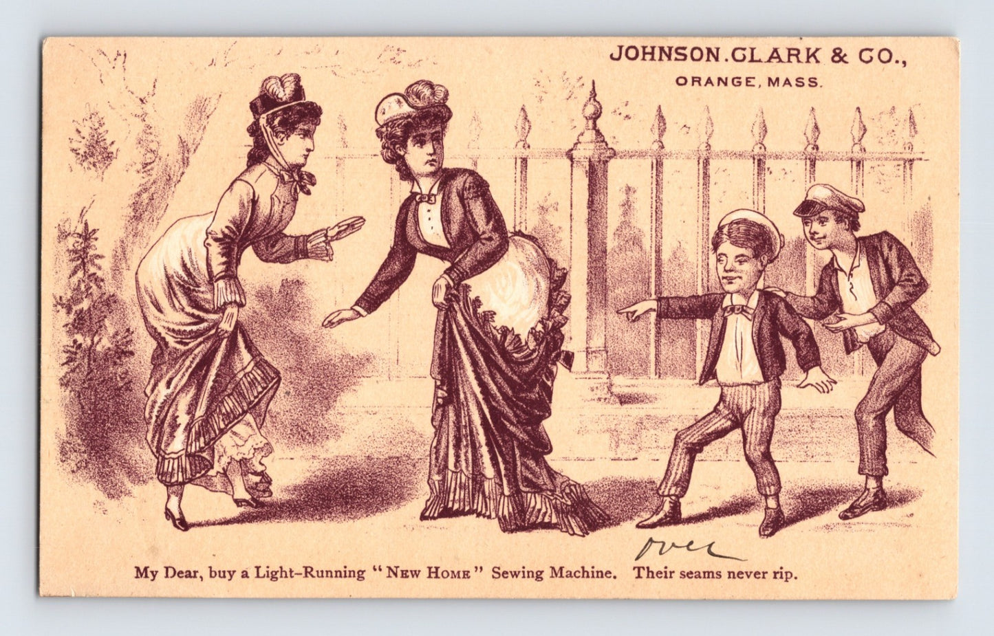 Johnson Clark Orange Massachusetts New Home Sewing Machine 1890s trade card showing torn dress scene