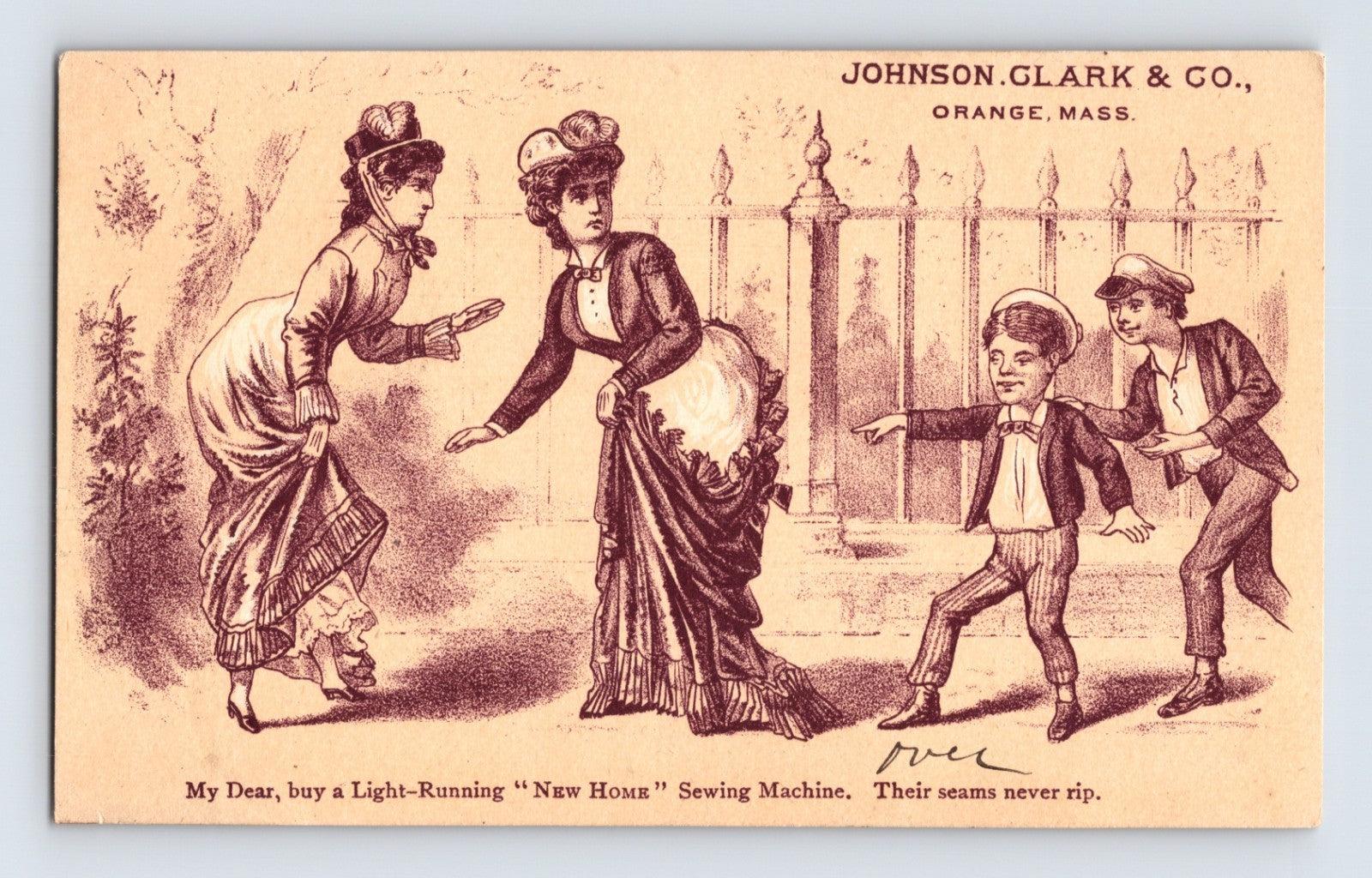 Johnson Clark Orange Massachusetts New Home Sewing Machine 1890s trade card showing torn dress scene