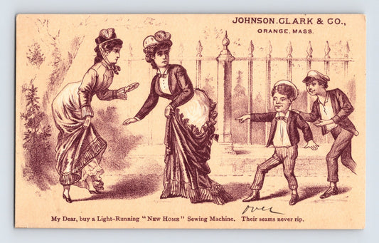Johnson Clark Orange Massachusetts New Home Sewing Machine 1890s trade card showing torn dress scene
